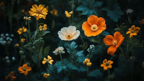 Garden blooms contrast warm flowers against cool teal foliage.