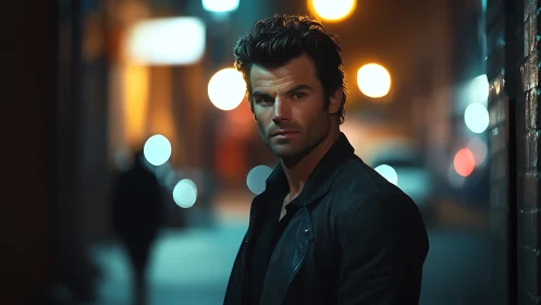 Brooding man leans in neon city alley under soft bokeh lights