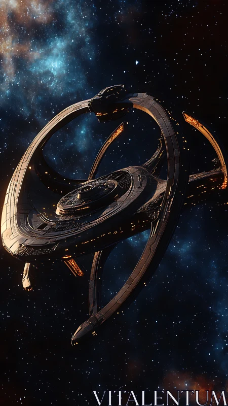 Starlit ringed starship drifts through painted cosmic dusk.