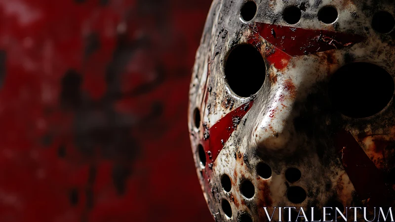 Weathered hockey mask close-up against crimson void.