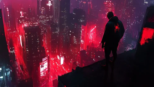 Cyberpunk vigilante overlooking neon red metropolis at night.