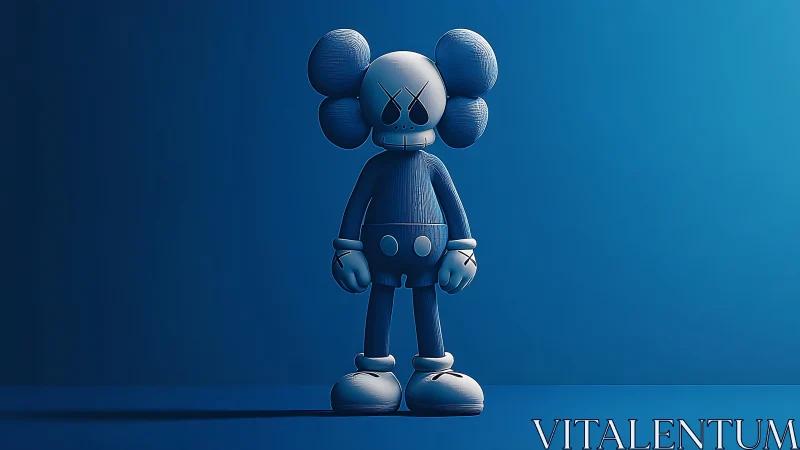 Blue vinyl skull-headed toy stands under directional light