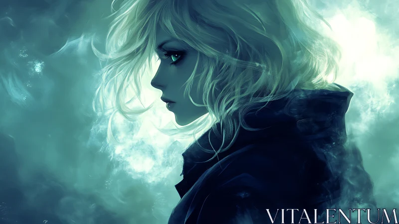 Mystical blonde wanderer gazes through swirling teal mist