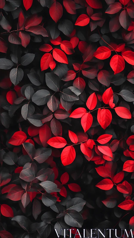 Scarlet and charcoal foliage forms a high-contrast botanical field