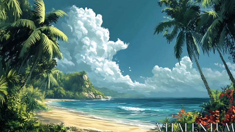 Tropical Beach Paradise: Palm-Framed Coastal Vista.