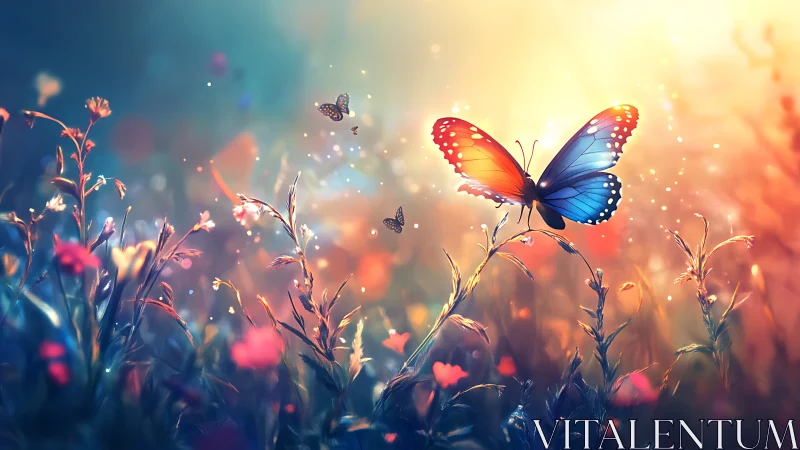 Twilight meadow ballet with rainbow-winged butterflies in bloom.