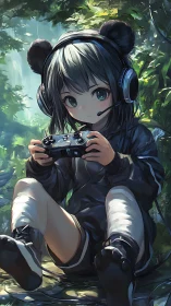 Outdoor gamer girl rendered in high-detail anime lighting study