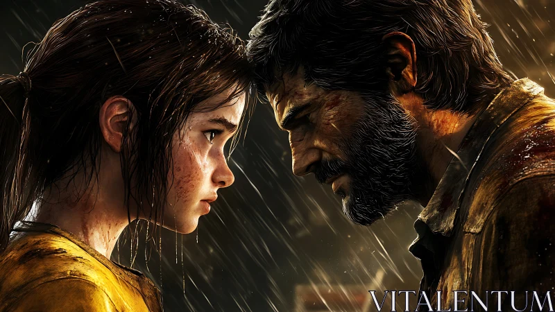 Rain-soaked guardians lock gazes in stormlit resolve.