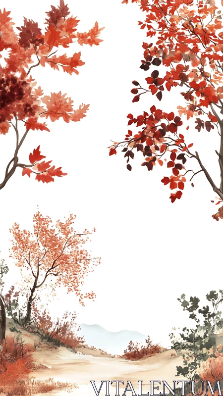 Vertical landscape with sparse autumn foliage on white field.