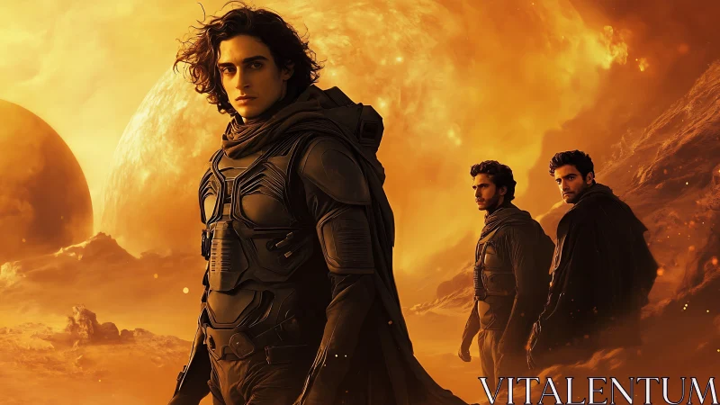 Desert stars in tactical armor stride beneath molten skies