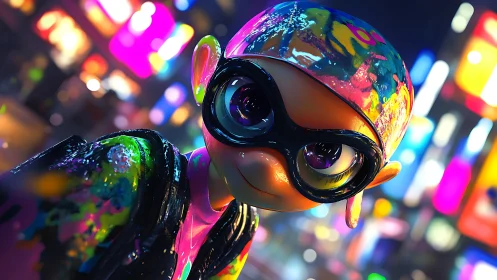 Neon inkling portrait under glowing city lights.