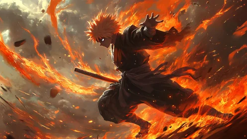 Flame-wreathed anime swordsman unleashes blazing power.