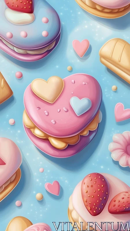 Whimsical 3D Dessert Composition with Pink Hearts and Gold Pastries