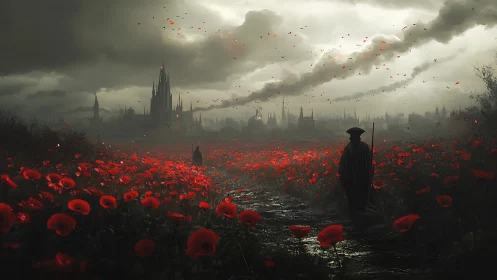 Figures in red poppy field before distant gothic cityscape.