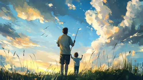 Sunset sky stroll with father, child, and quiet daydreams.