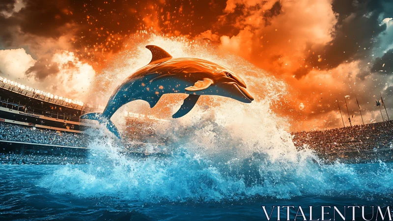 Electric stadium splash with a soaring, sunset-lit dolphin.