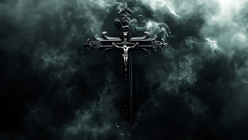 Metal crucifix suspended in dark smoke filled environment.