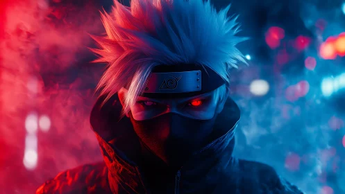 Masked ninja in neon stormlight, eyes blazing through dusk.