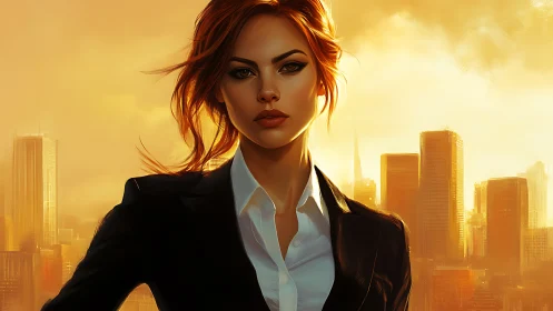 Confident businesswoman in cityscape, digital art with warm tones.