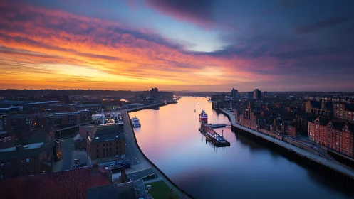 Sunset over calm river through industrial city harbor.