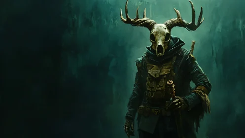 Antlered skull-helmed figure in tactical garments stands.