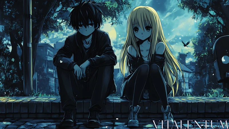 Midnight park bench, two quiet souls sharing city starlight.