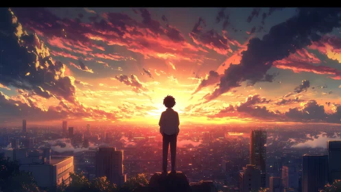 Solitary figure over neon city beneath blazing sunset sky.