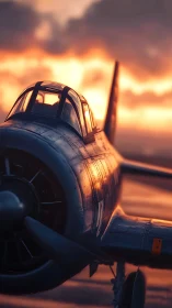Single vintage propeller aircraft cockpit reflects sunset light