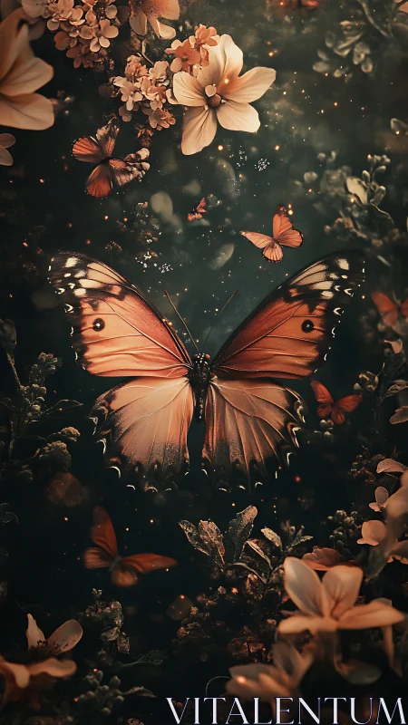 Enchanted monarch butterfly glows amid dusky florals.