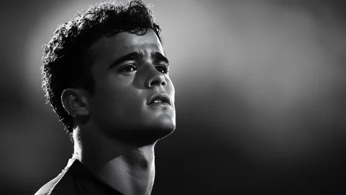 Pensive young man in dramatic monochrome side lighting.