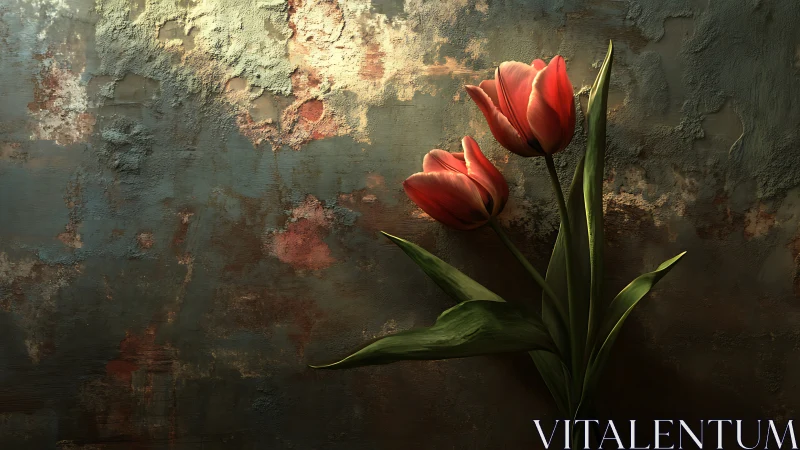 Red tulips against weathered grunge wall surface