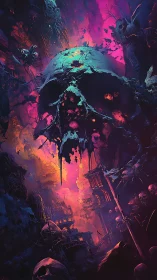 Colossal decayed skull dominates neon-irradiated ruinous city