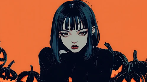 Moody gothic girl with pumpkins on solid orange background.