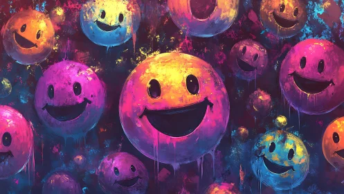 Multicolored smiley faces on dark abstract painted background.