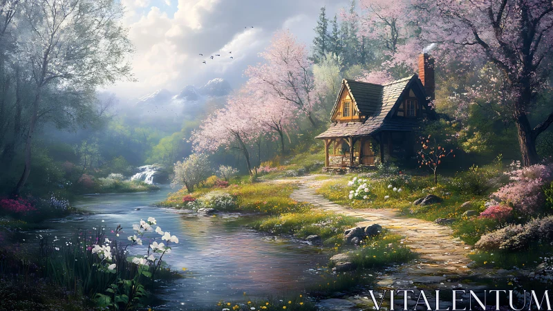 Riverside cottage in flowering woodland landscape at springtime.