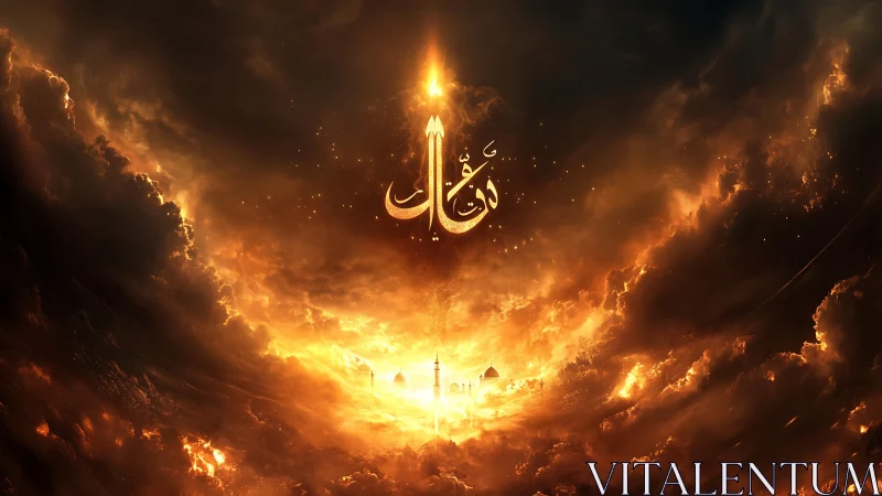 Calligraphic Arabic script is centered above a glowing city