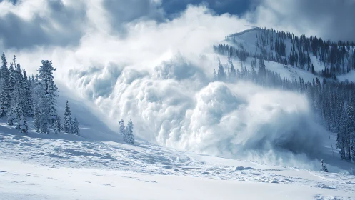 Mountain avalanche surge with dense powder cloud in motion.
