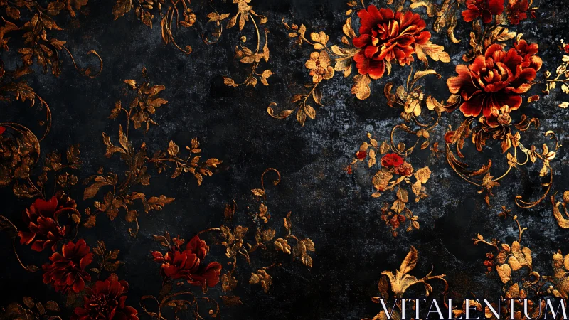 Red Peonies Against Dark Weathered Floral Background.