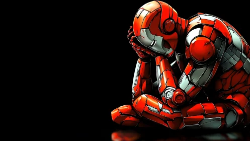 Futuristic red robot in reflective, sorrowful crouched pose.