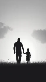 Silhouetted father and child hold hands while walking outdoors