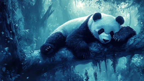 Sleepy panda stretches out on a dreamy forest branch
