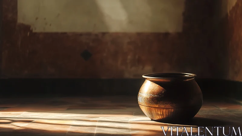 A single brass pot rests on a tiled floor in side light
