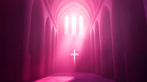 Radiant cross illuminated in gothic cathedral with pink light.