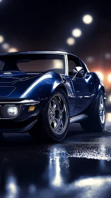 Sleek midnight muscle car glows against blurred city lights