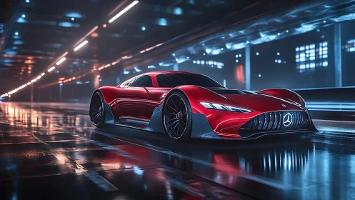 Red aerodynamic concept hypercar under tunnel lights in wet reflections