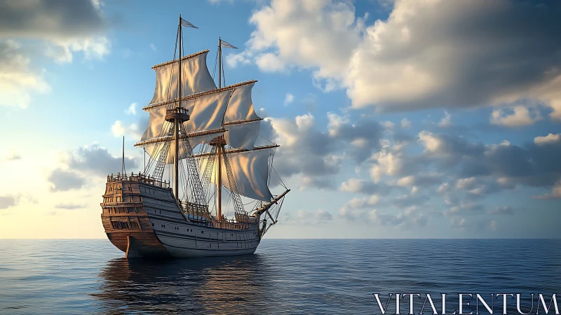 Sunlit galleon glides lazily across a glass-blue horizon