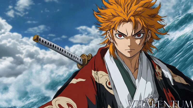 Intense anime swordsman with dynamic ocean backdrop and stylized kimono