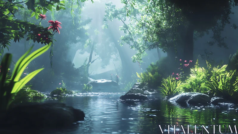 Tranquil Forest Stream Among Emerald Trees and Blooms.