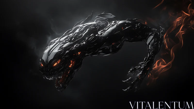 Metallic beast form emerges from darkness with ember highlights