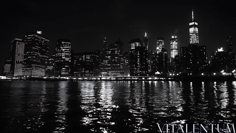 Monochrome nighttime skyline with illuminated high-rise towers.